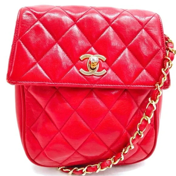 AUTH Chanel Quilted Lambskin 24K Gold Plated Mini Single Flap Bag Red